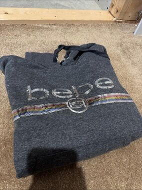 bebe Dark Gray Hoodie with Rhinestone Logo & Rainbow Stripe